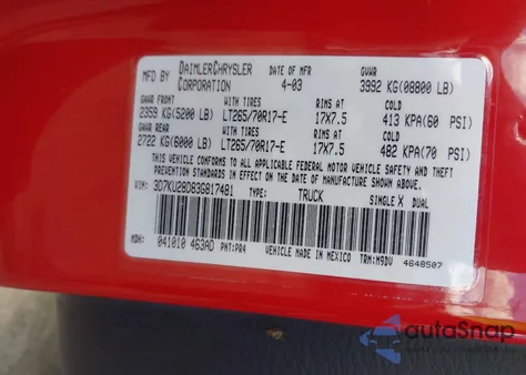 2003 Dodge Ram 2500 Slt/Laramie/St z USA, uszkodzony, nr VIN 3D7KU28D83G817481